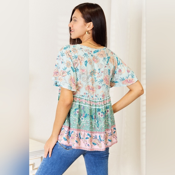 Double Take Floral Multi Color Tie Neck Short Sleeve Blouse 20%OFF - Picture 5 of 9
